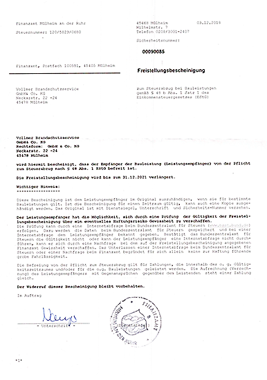 Öffnet PDF Datei im neuen Fenster: Freistellungsbescheinigung zum Steuerabzug bei Bauleistungen der Vollmer Brandschutzservice GmbH & Co. KG.
