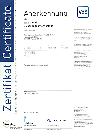 Öffnet PDF Datei im neuen Fenster: Zertifikat Interventionsstelle VdS 2172:2005 (deutsch) bis 3/2026.