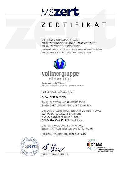 Öffnet PDF Datei im neuen Fenster: Zertifikat über das Qualitätsmanagementsystem gemäß DIN EN ISO 9001:2015.